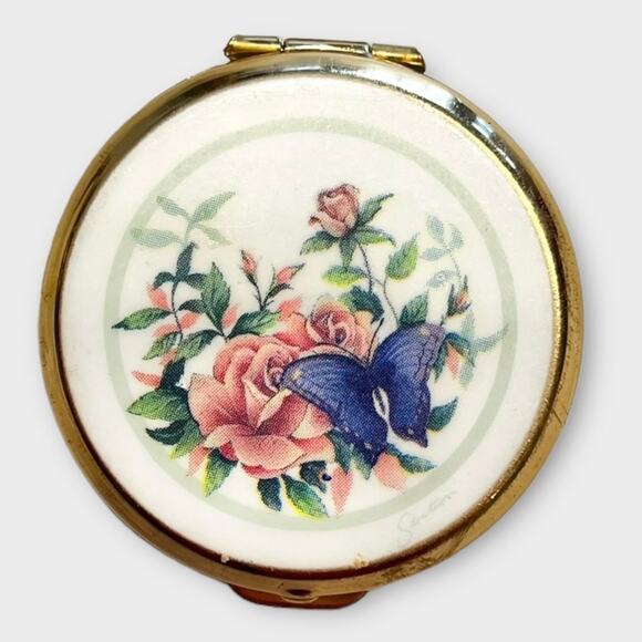 Vintage Other - Vintage Floral STRATTON Pill Box/ Gold & Enamel Pink Roses & Purple Butterfly